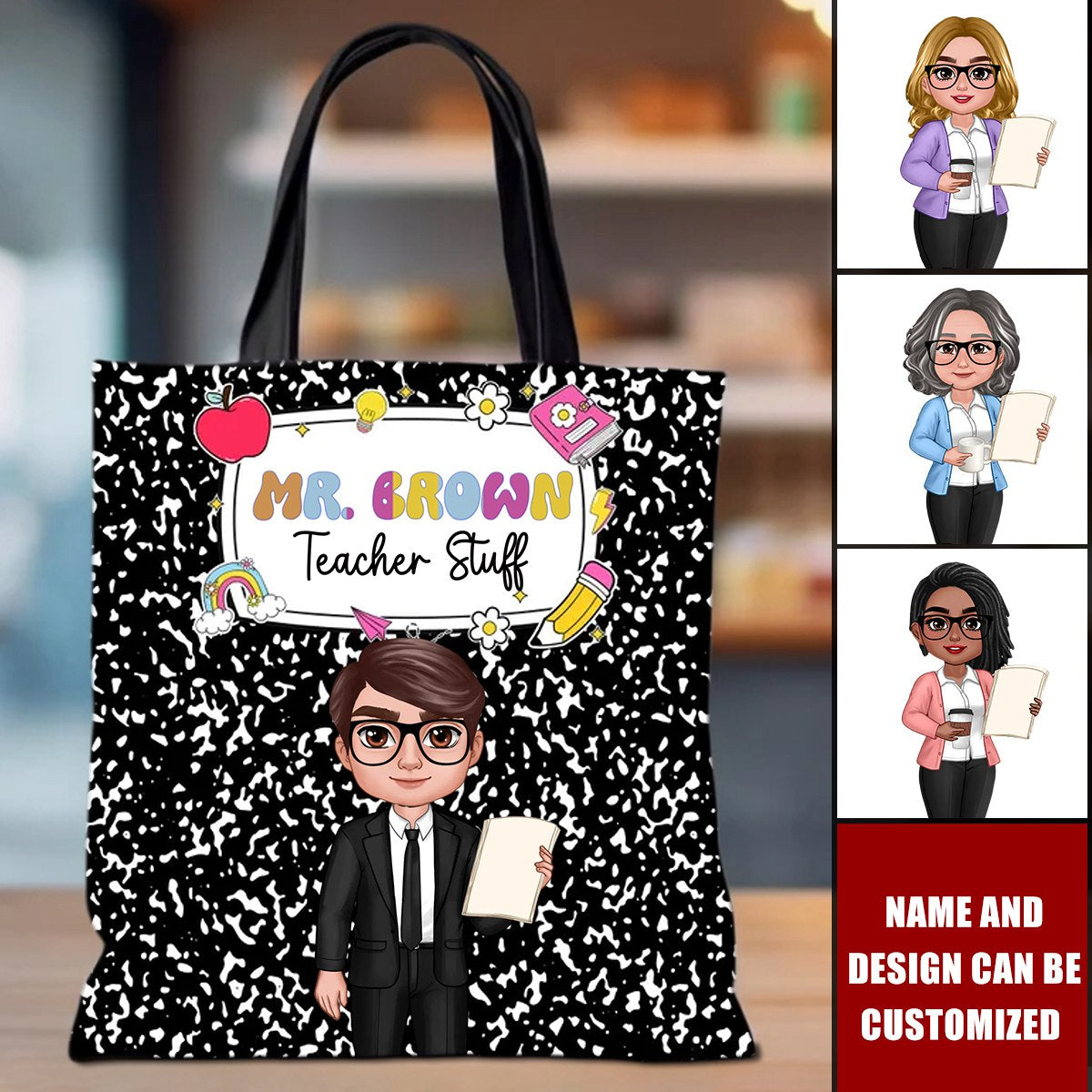 Teacher Composition Book Pattern Personalized Tote Bag, Back To School Gift For Teacher