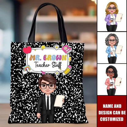 Teacher Composition Book Pattern Personalized Tote Bag, Back To School Gift For Teacher