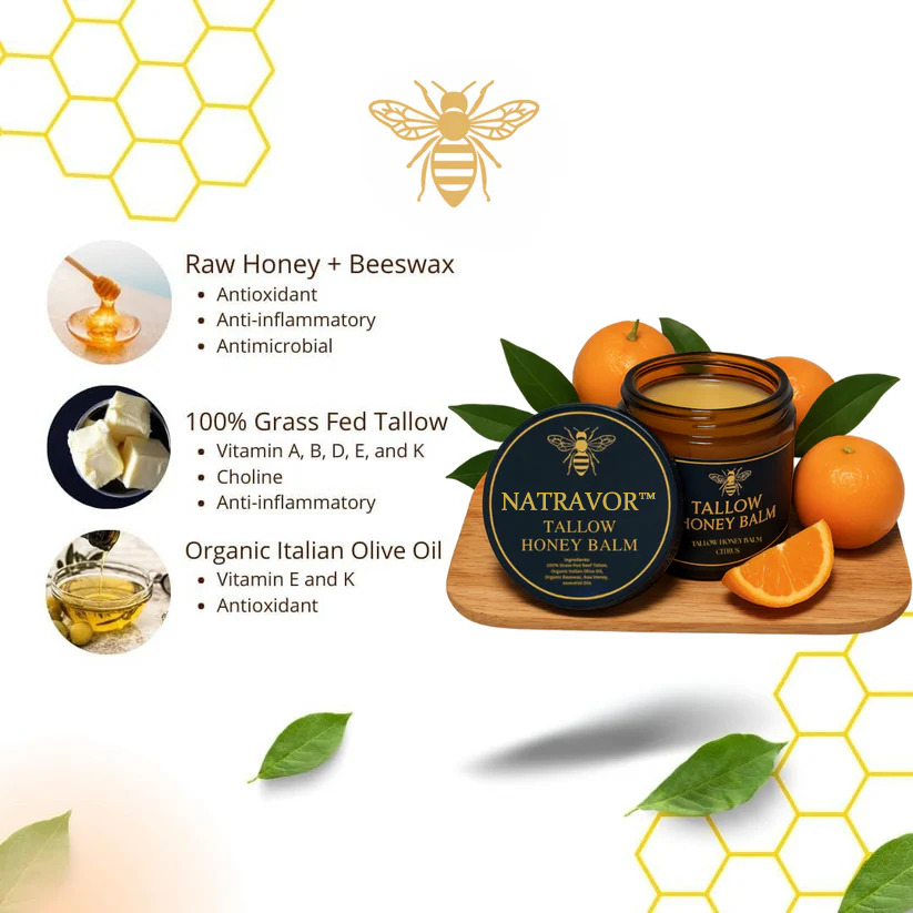 Organic Grass-Fed Beef Tallow Balm with Raw Honey - Handmade All-Natural Moisturizer for Soft, Smooth, Radiant Skin