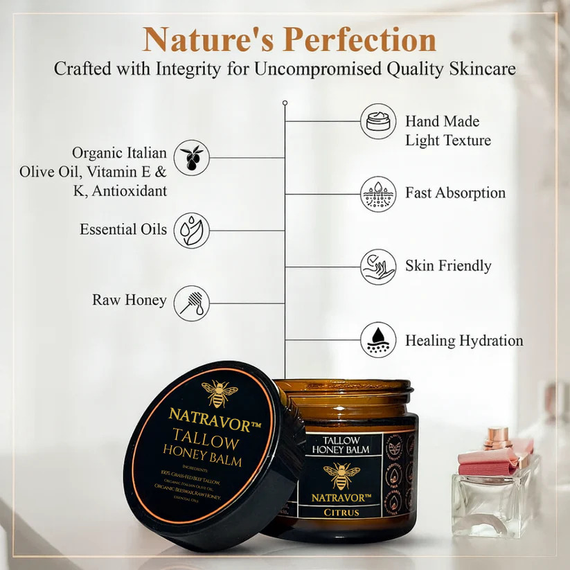 Organic Grass-Fed Beef Tallow Balm with Raw Honey - Handmade All-Natural Moisturizer for Soft, Smooth, Radiant Skin