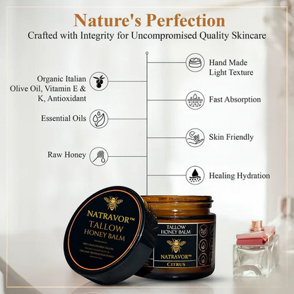 Organic Grass-Fed Beef Tallow Balm with Raw Honey - Handmade All-Natural Moisturizer for Soft, Smooth, Radiant Skin