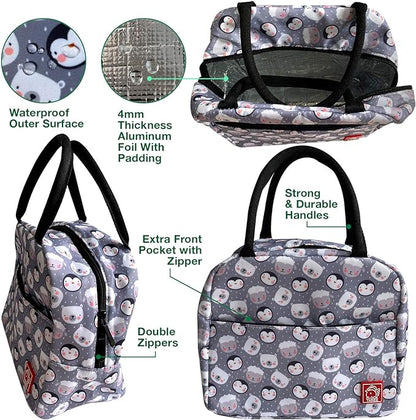 Waterproof Insulated Reusable Lunch Bag Food Drinks Container with Front Padded Pocket Double Zippers For Kids Men Women Work School Picnic