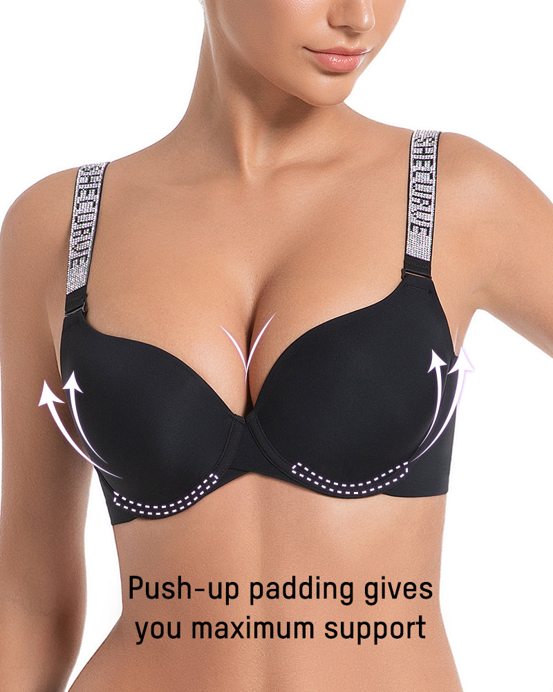 Deep V Push-Up Underwire Bra with Rhinestone Strap